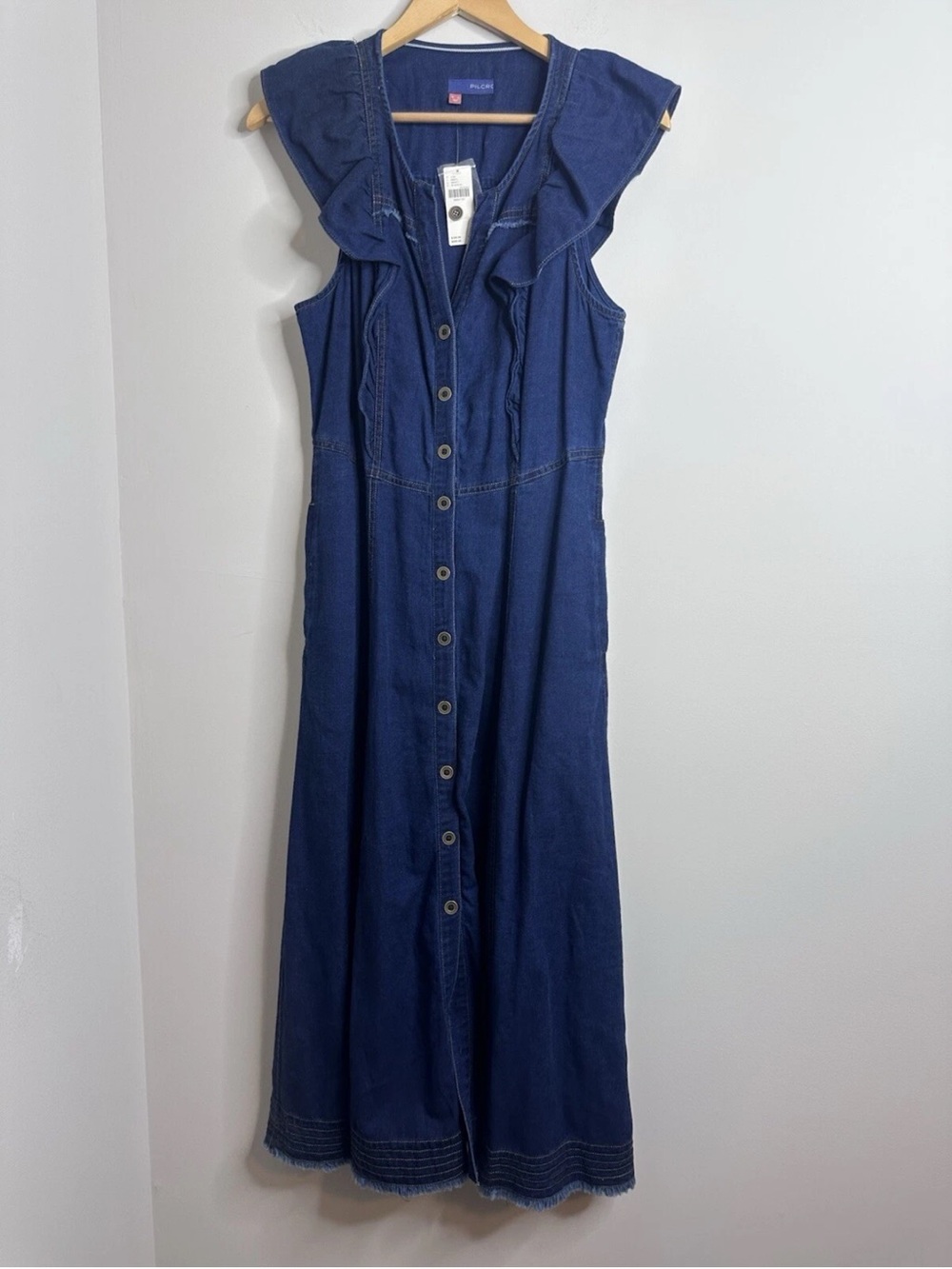 Anthropologie Pilcro Sustainable Ruffle Sleeve A-Line Maxi Dress Navy Size 10